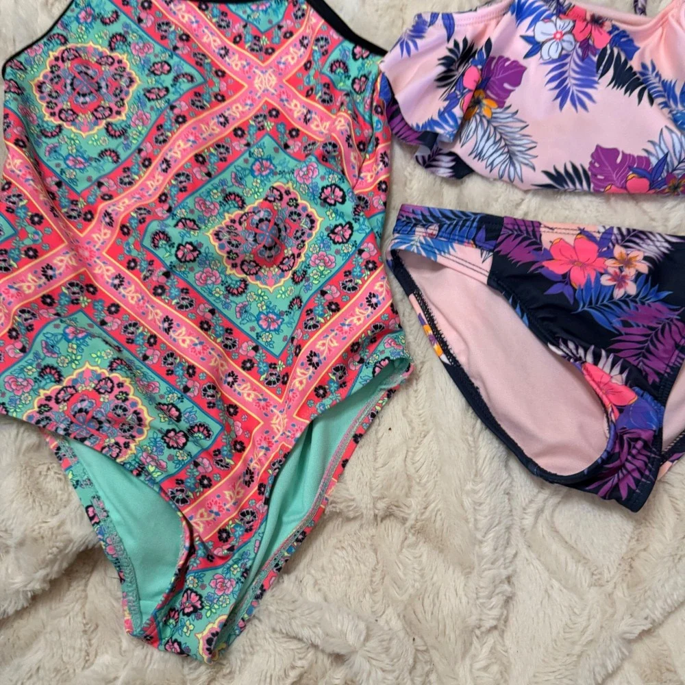 Wonder Nation Girls Swimsuit‎ Lot Of 2 One Piece Bikini Tropical Print S 6 6X
